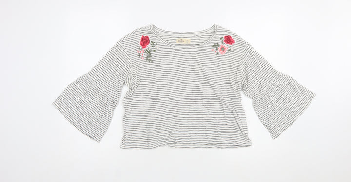 Hollister Women White Striped Embroidered Cropped Bell Sleeve T-Shirt XS