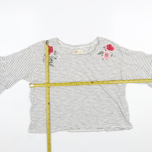 Hollister Women White Striped Embroidered Cropped Bell Sleeve T-Shirt XS