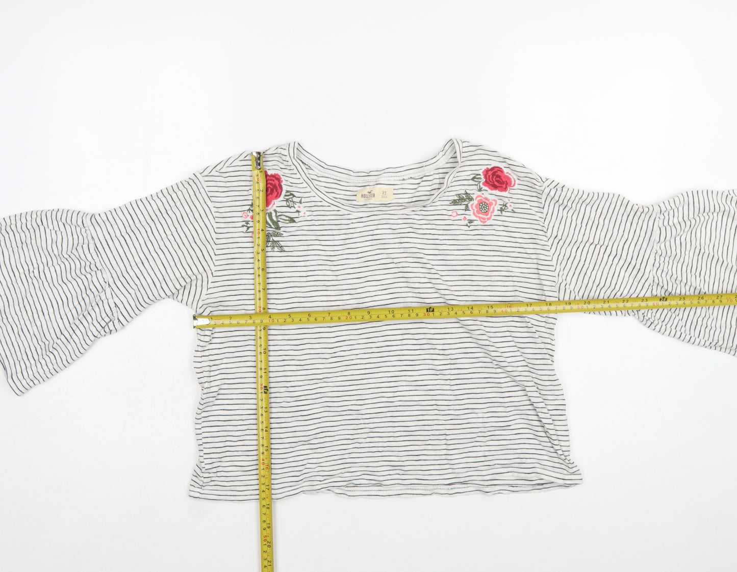 Hollister Women White Striped Embroidered Cropped Bell Sleeve T-Shirt XS