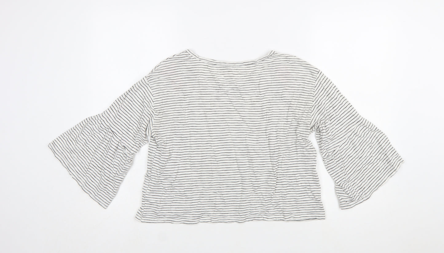 Hollister Women White Striped Embroidered Cropped Bell Sleeve T-Shirt XS