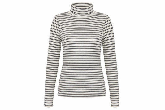 Front view of Hollister Women’s White Striped Roll Neck Long Sleeve Slim Fit Top, size S
