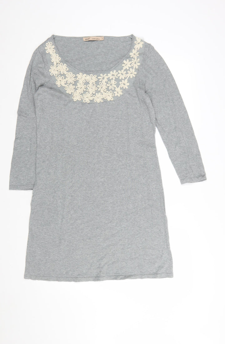 Next Women Grey Knit Shift Dress Size 14 Scoop Neck 3/4 Sleeve
