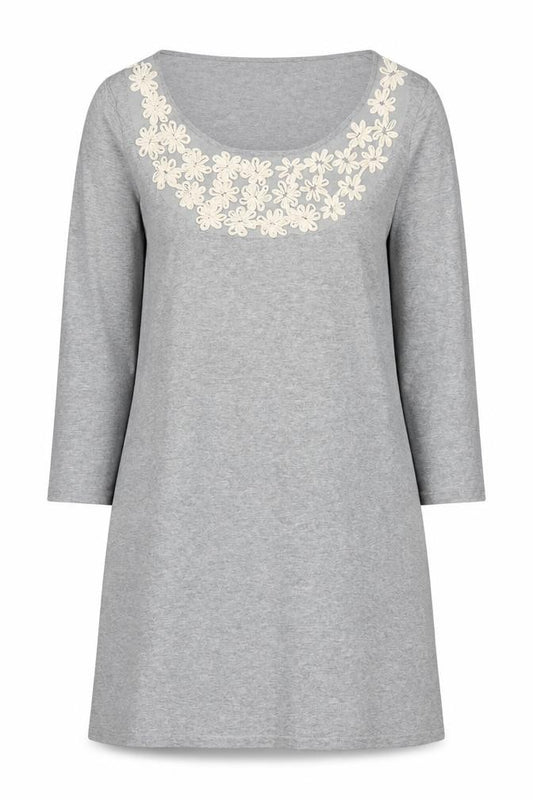 Front view of Next Women Grey Knit Shift Dress, size 14, Scoop Neck 3/4 Sleeve