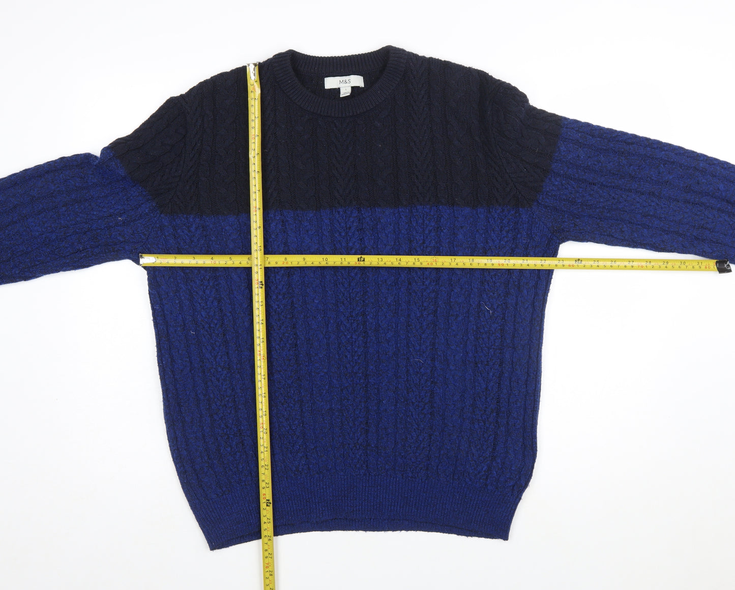 Marks and Spencer Men’s Blue Cable-Knit Crew Neck Jumper Size L