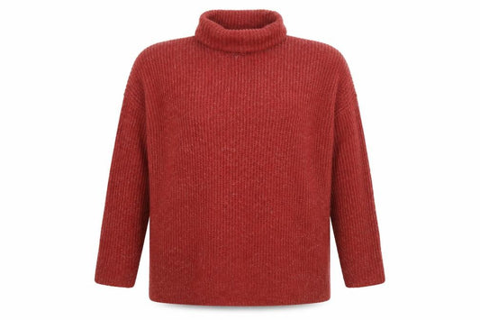 Front view of Lefties women’s red roll neck ribbed knit jumper, size UK 12