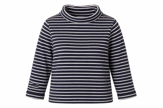 Front view of Pure Collection Women’s Blue Striped Roll Neck 3/4 Sleeve Cashmere Jumper, size UK 10