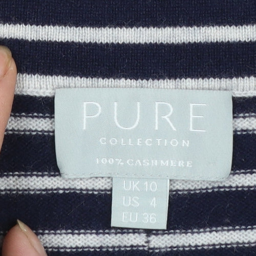 Pure Collection Women’s Blue Striped Roll Neck 3/4 Sleeve Cashmere Jumper Size 10