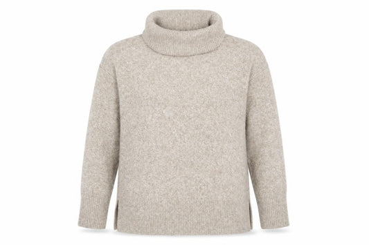 Front view of Vero Moda Women's Beige Roll Neck Jumper, size S, Relaxed Fit Winter Knit