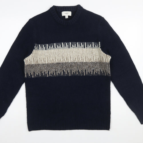 Marks and Spencer Men's Blue Geometric Wool Blend Crew Neck Jumper M