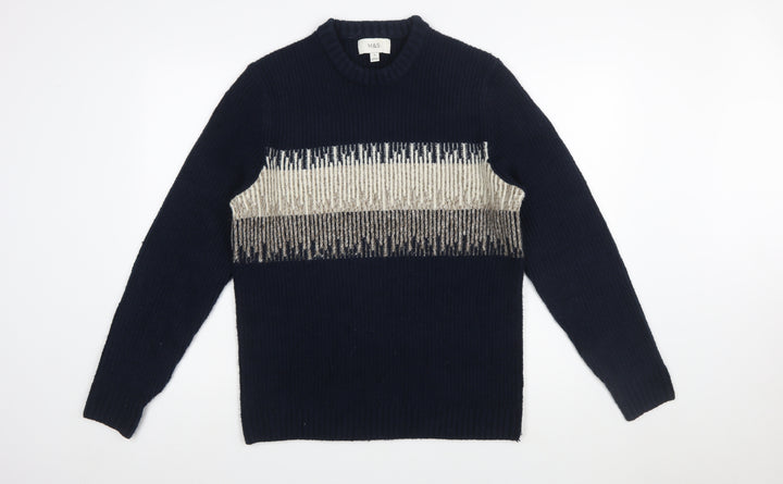 Marks and Spencer Men's Blue Geometric Wool Blend Crew Neck Jumper M