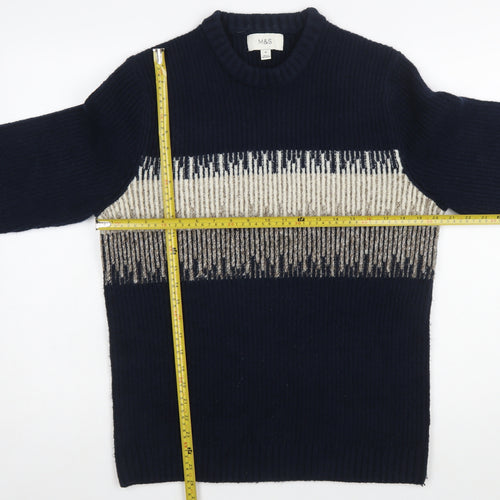 Marks and Spencer Men's Blue Geometric Wool Blend Crew Neck Jumper M