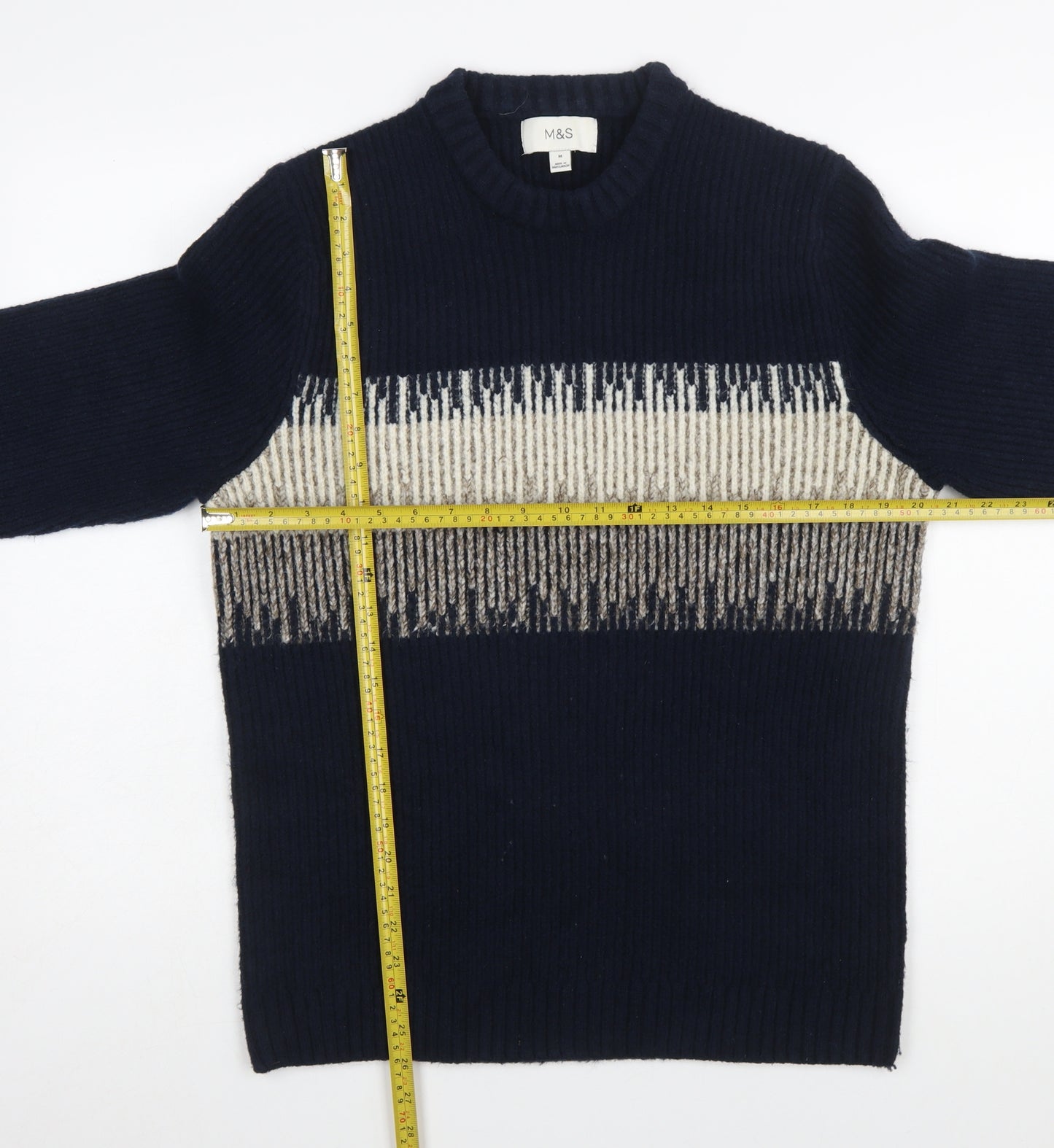 Marks and Spencer Men's Blue Geometric Wool Blend Crew Neck Jumper M
