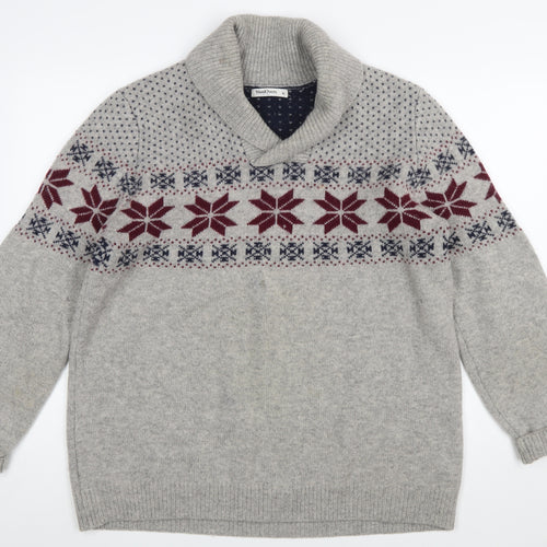 WoolOvers Men’s Grey Fair Isle Lambswool Roll Neck Jumper XL