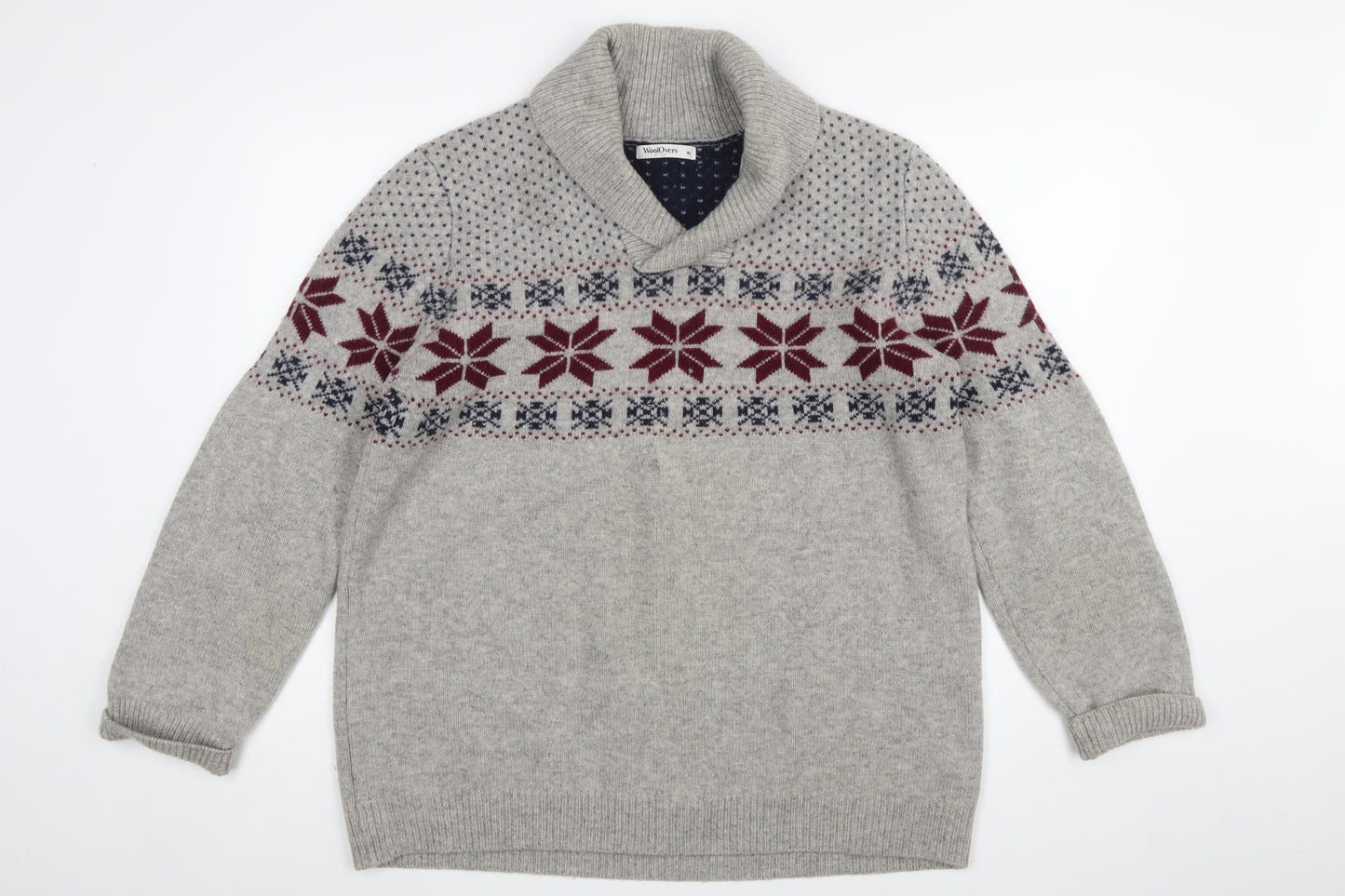 WoolOvers Men’s Grey Fair Isle Lambswool Roll Neck Jumper XL