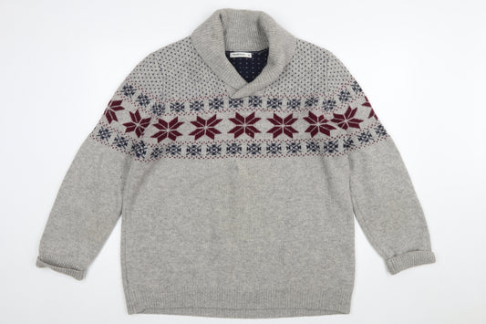 WoolOvers Men’s Grey Fair Isle Lambswool Roll Neck Jumper XL