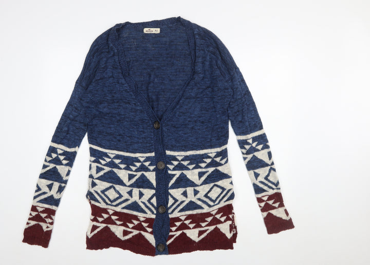 Hollister Women Blue Aztec Knit Long Sleeve Cardigan M