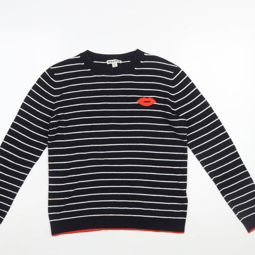 Whistles Women Navy Striped Cotton Jumper with Red Lips Motif Size 12