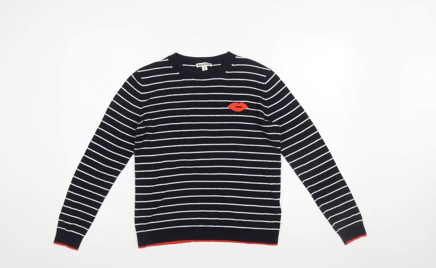 Whistles Women Navy Striped Cotton Jumper with Red Lips Motif Size 12