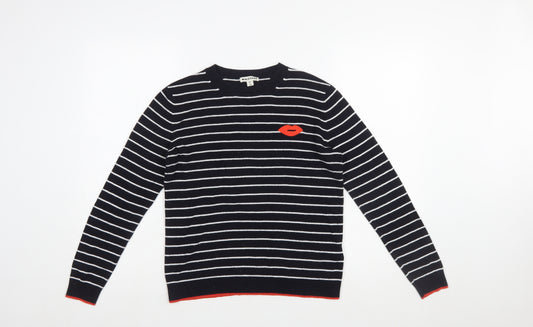 Whistles Women Navy Striped Cotton Jumper with Red Lips Motif Size 12