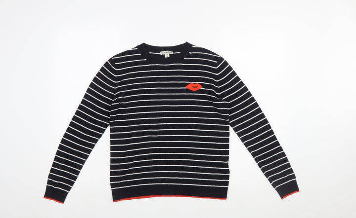 Whistles Women Navy Striped Cotton Jumper with Red Lips Motif Size 12
