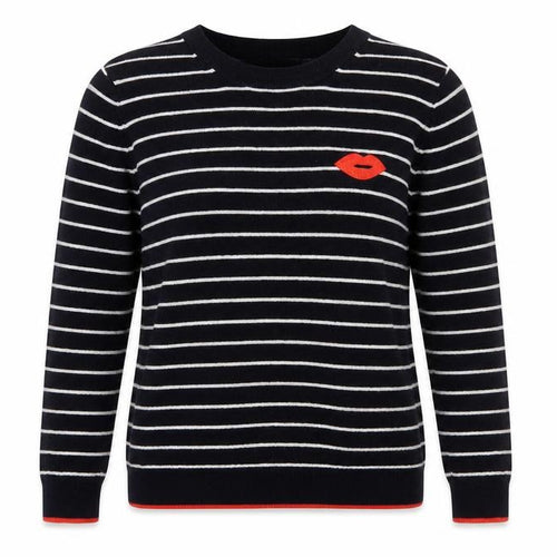 Whistles Women Navy Striped Cotton Jumper with Red Lips Motif Size 12