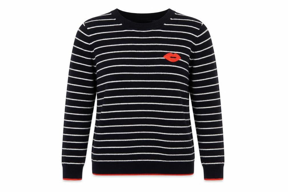 Whistles Women Navy Striped Cotton Jumper with Red Lips Motif Size 12