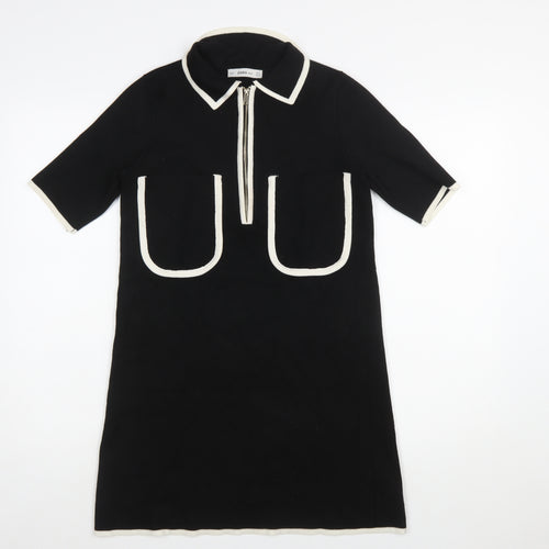 Zara Women Black Collared Knit Shift Dress Size S