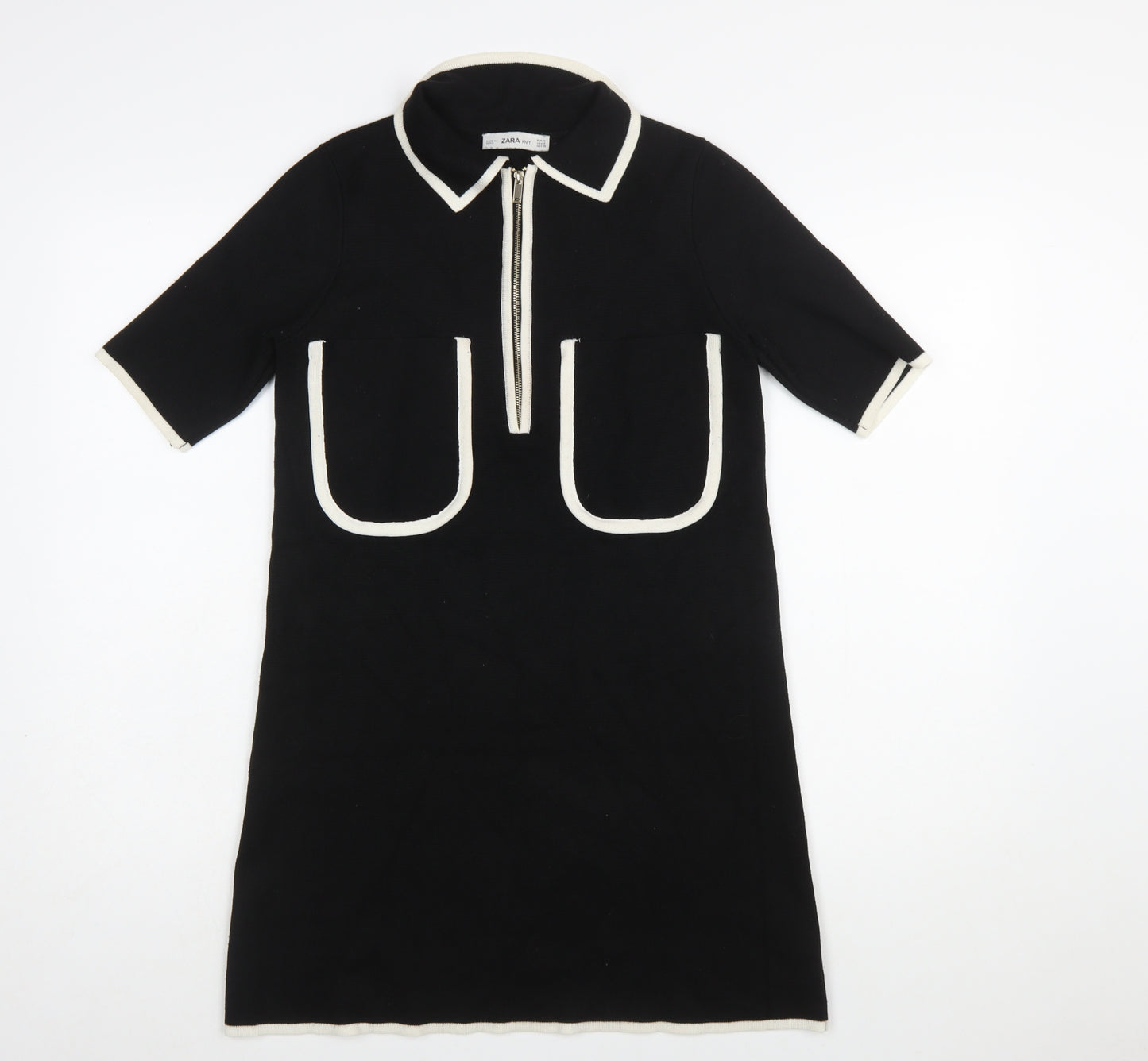 Zara Women Black Collared Knit Shift Dress Size S