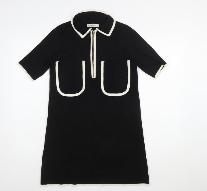 Zara Women Black Collared Knit Shift Dress Size S