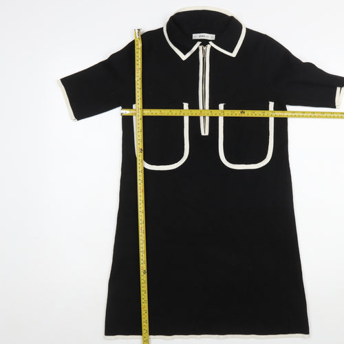 Zara Women Black Collared Knit Shift Dress Size S