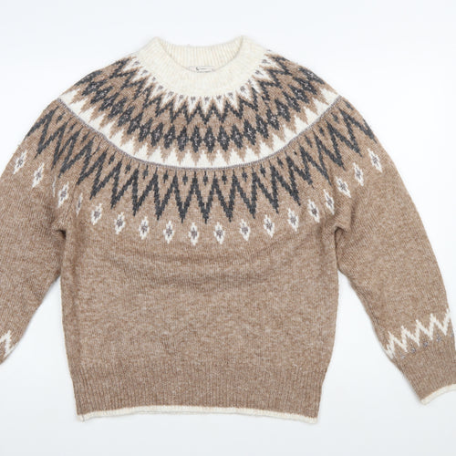 Tu Women Beige Fair Isle Knit Jumper Size 10 Crew Neck Long Sleeve