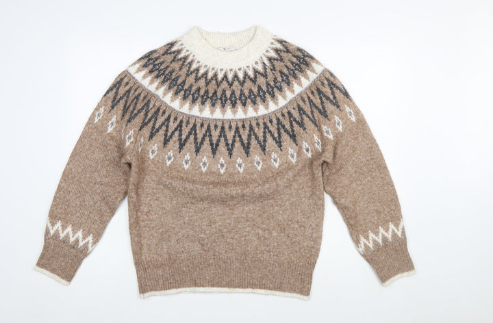 Tu Women Beige Fair Isle Knit Jumper Size 10 Crew Neck Long Sleeve