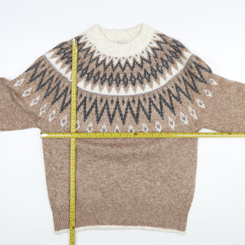 Tu Women Beige Fair Isle Knit Jumper Size 10 Crew Neck Long Sleeve