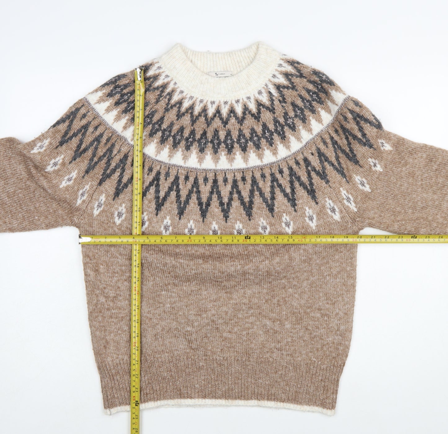 Tu Women Beige Fair Isle Knit Jumper Size 10 Crew Neck Long Sleeve