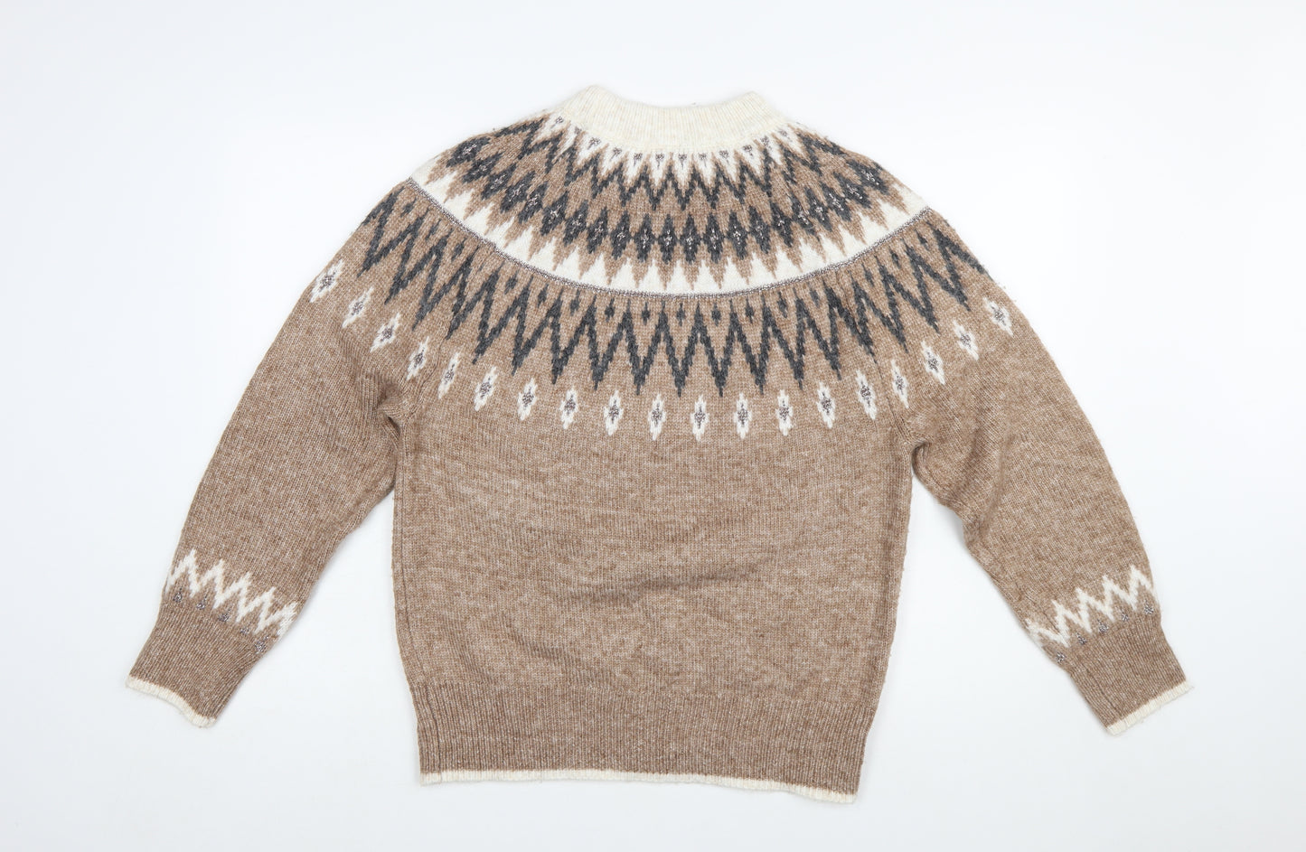 Tu Women Beige Fair Isle Knit Jumper Size 10 Crew Neck Long Sleeve