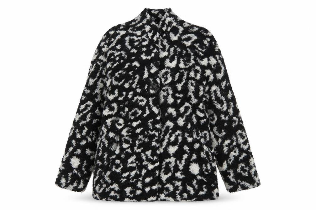 Front view of Mango Women’s Black White Animal Print Cardigan Small Wool Blend