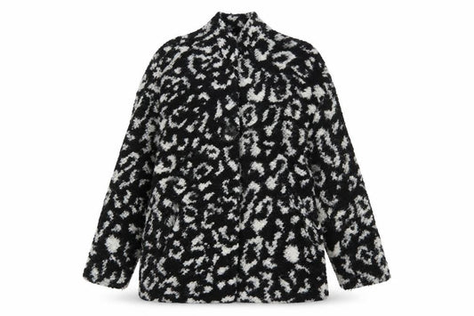 Front view of Mango Women’s Black White Animal Print Cardigan Small Wool Blend