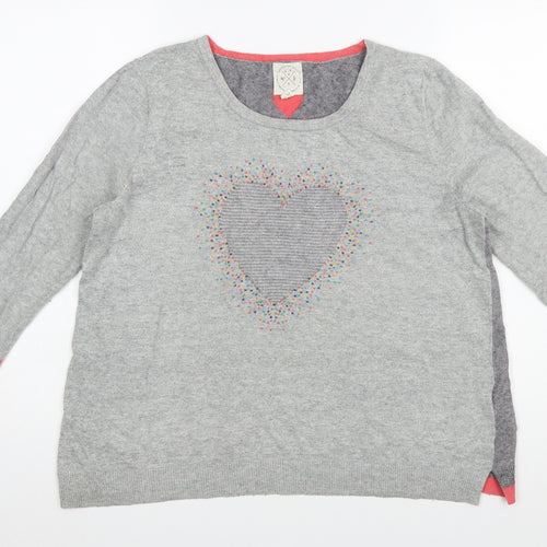 White Stuff Women Grey Heart Pullover Jumper Size 16 Cotton Blend