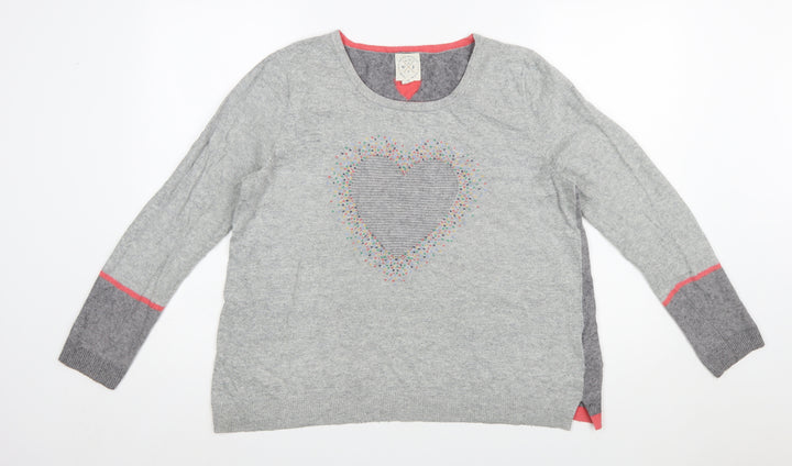 White Stuff Women Grey Heart Pullover Jumper Size 16 Cotton Blend