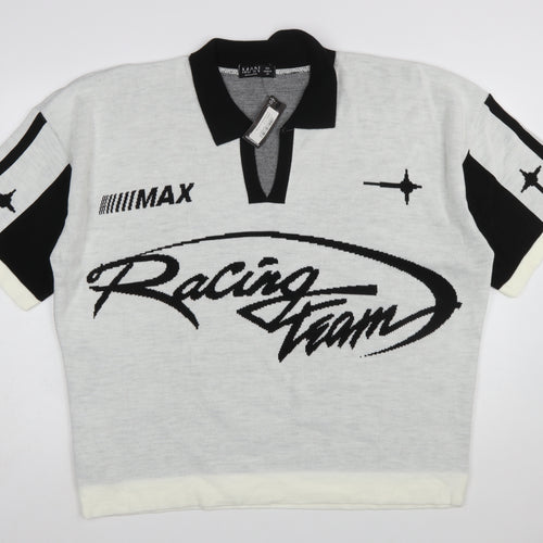 boohooMAN Men’s White Racing Team Collared Knit Jumper 2XL