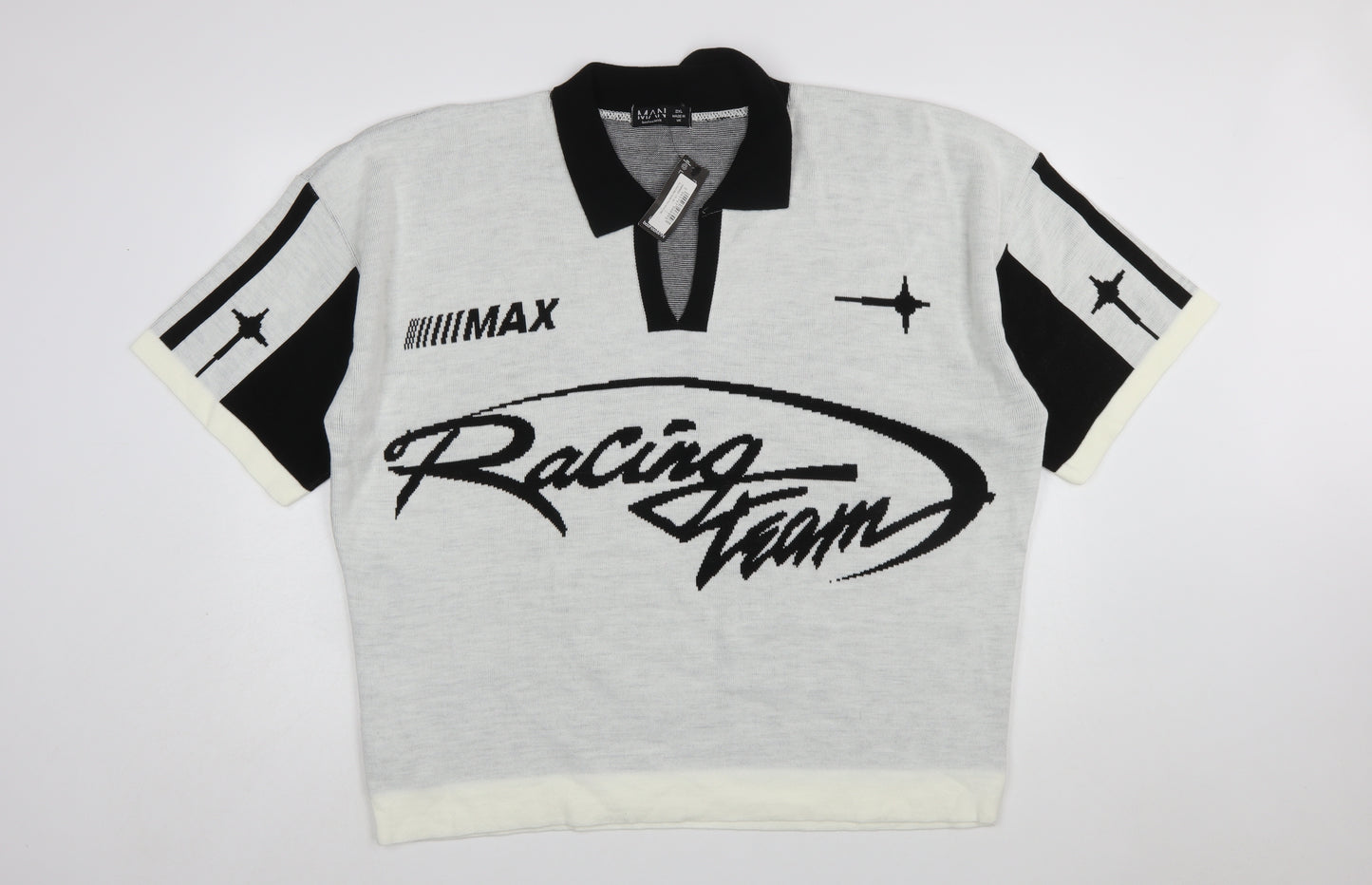 boohooMAN Men’s White Racing Team Collared Knit Jumper 2XL