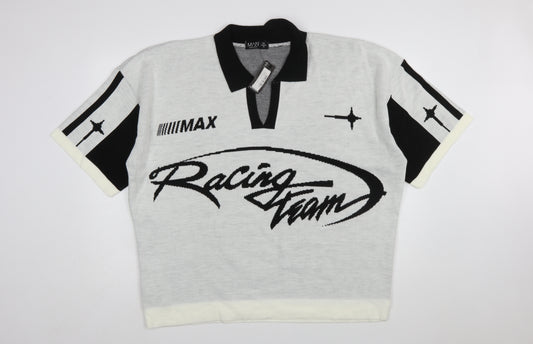 boohooMAN Men’s White Racing Team Collared Knit Jumper 2XL