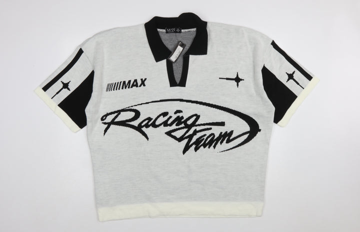 boohooMAN Men’s White Racing Team Collared Knit Jumper 2XL