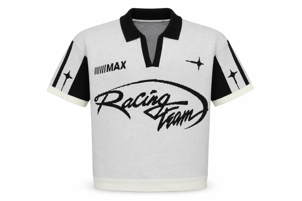 Front view of boohooMAN Men’s White Racing Team Collared Knit Jumper 2XL