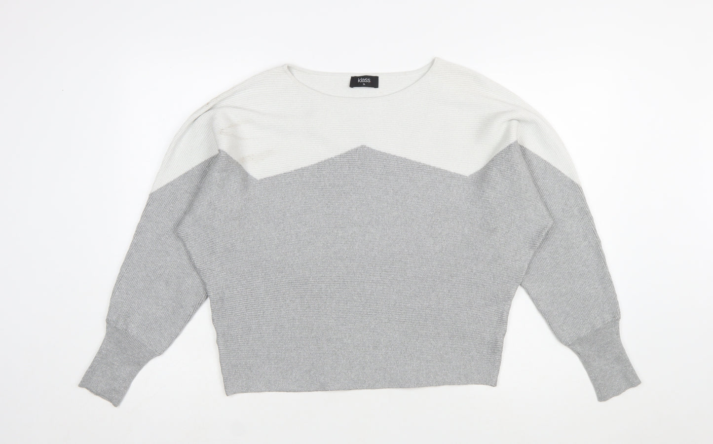 Klass Women's Grey Ivory Knit Pullover Jumper XL Relaxed Long Sleeve