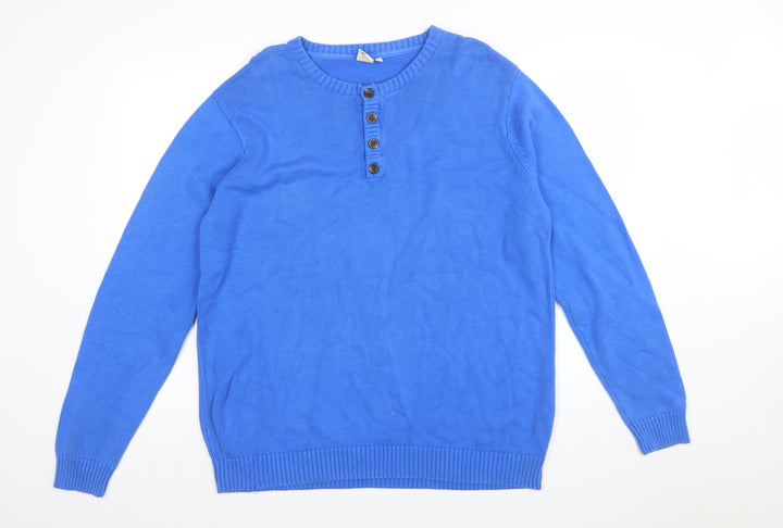 Cotton Traders Men's Blue XL Henley Jumper Lightweight Knit