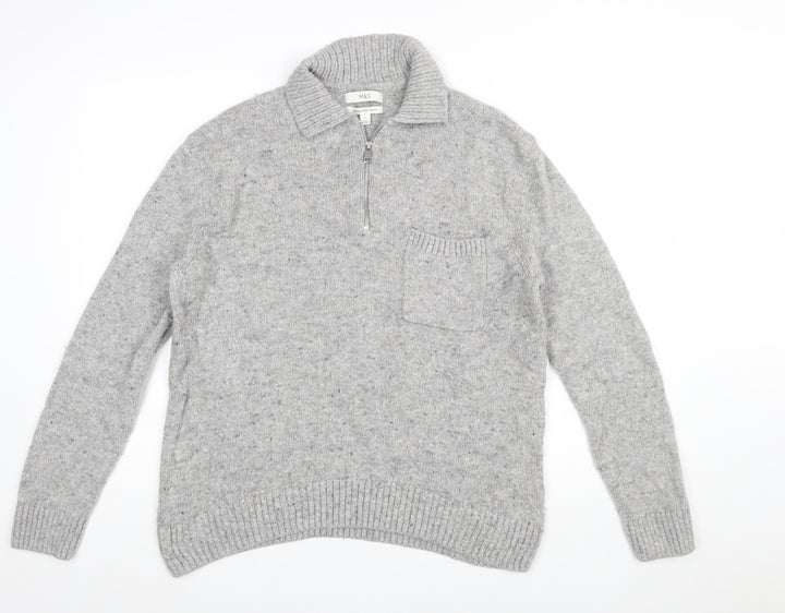 Marks and Spencer Men's Grey Wool 1/4 Zip Jumper Size S