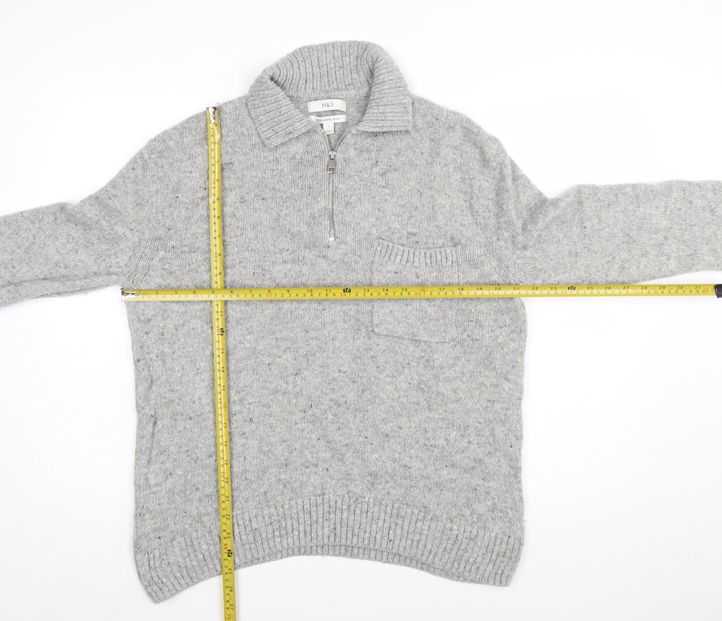 Marks and Spencer Men's Grey Wool 1/4 Zip Jumper Size S