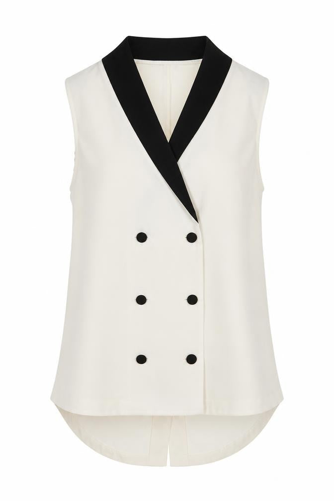 Front view of Warehouse Women's White Sleeveless Wrap Blouse, size 8