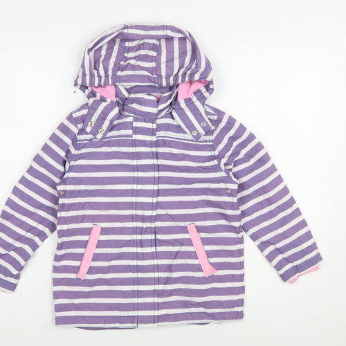 Mini Boden Girls Purple Striped Hooded Rain Coat 7-8 Years Cotton Lined Jacket